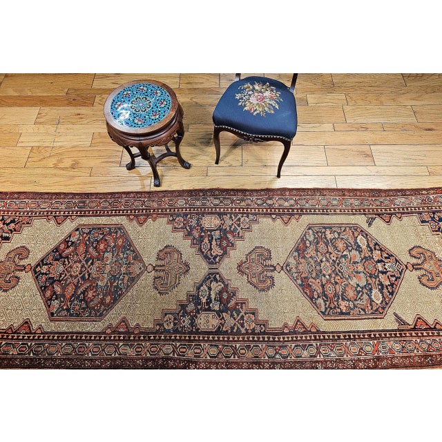 Antique Persian Serab Runner Rug, Hand-Knotted Wool, Geometric Medallion Pattern, Camel & Red, 4x11 For Sale - Image 11 of 12