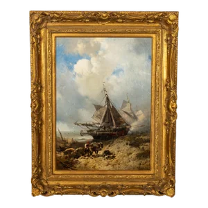 Antique French School Marine Ship Fishing Boats Oil Canvas Painting Dieppe 1851 by Charles Hoguet, Framed