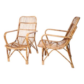 Pr. Coastal Style Mid 20th Century Bamboo Rattan Lounge Chairs For Sale