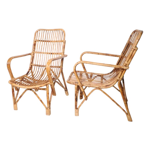 Pr. Coastal Style Mid 20th Century Bamboo Rattan Lounge Chairs For Sale