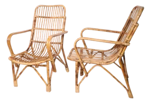 Pr. Coastal Style Mid 20th Century Bamboo Rattan Lounge Chairs