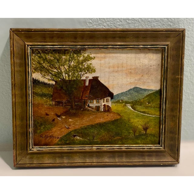 Paint Small Vintage Landscape Painting With Chickens Signed For Sale - Image 7 of 9