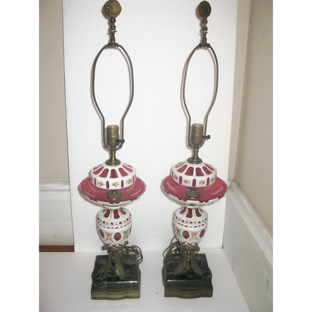 Mid-Century Modern White & Cranberry Glass Bohemian Lamps - a Pair For Sale - Image 3 of 8