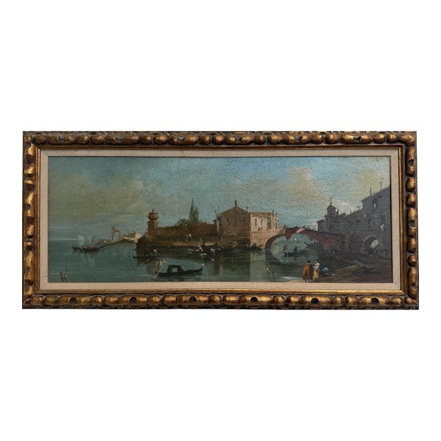 Antique Venetian Canal Scene Oil Painting Gondolas Bridge Italian Landscape For Sale