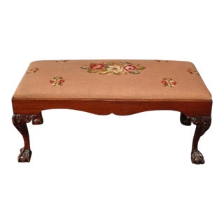 Vintage French Provicial Floral Needlepoint Tapestry Bench W Ball & Claw Feet For Sale