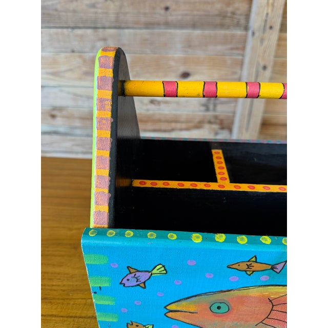 Teal Vintage Coastal Hand-Painted Wood Fish Caddy For Sale - Image 8 of 11