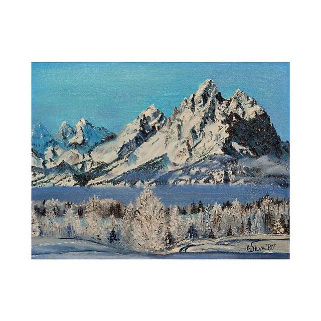 Oil painting of snow-capped mountains by B. Silva (American, 20th century). Signed "B. Silva" and dated '80 lower right....