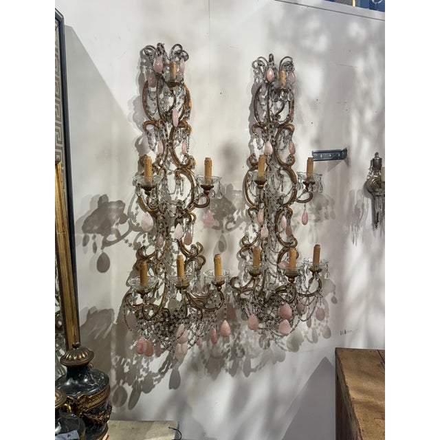 Pair of Italian Large Scale Beaded and Rose Quartz Sconces For Sale In Dallas - Image 6 of 6