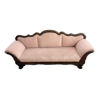 Antique Victorian Upholstered Sofa With Carved Wood Frame For Sale