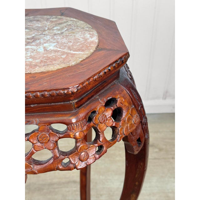 Red Vintage Chinese Rosewood Marble Top Carved Plant Stand Table For Sale - Image 8 of 12