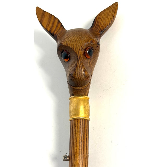 Brown German Black Forest Style Carved Deer Head Baton with Brass Mounts, Circa 1930s For Sale - Image 8 of 14