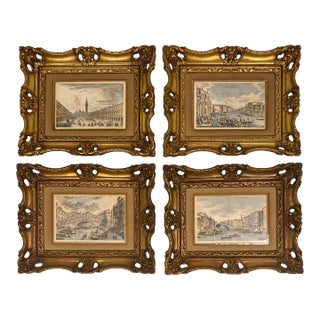 Set of 4 Antique Italian Hand-Colored Venetian Engraving Prints in Giltwood Frames For Sale