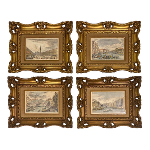 Set of 4 Antique Italian Hand-Colored Venetian Engraving Prints in Giltwood Frames