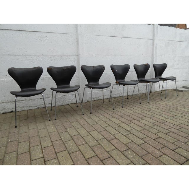 Seven / Sjuan 3107 Chairs in Black Leather by Arne Jacobsen for Fritz Hansen, Denmark, 1967, Set of 6 For Sale - Image 6 of 16