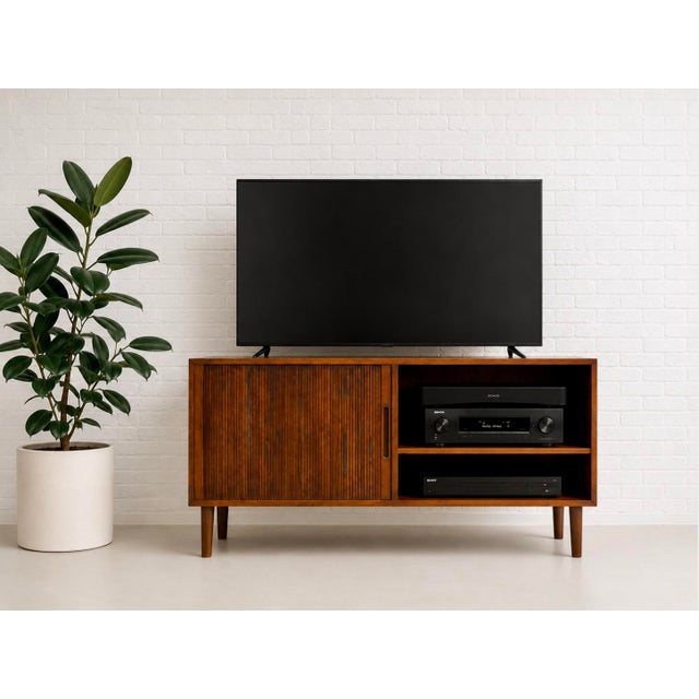 Danish Rosewood Mid Century Modern Credenza | Tambour Door Media Cabinet | Scandinavian Storage Console, C. 1960’s For Sale - Image 14 of 16