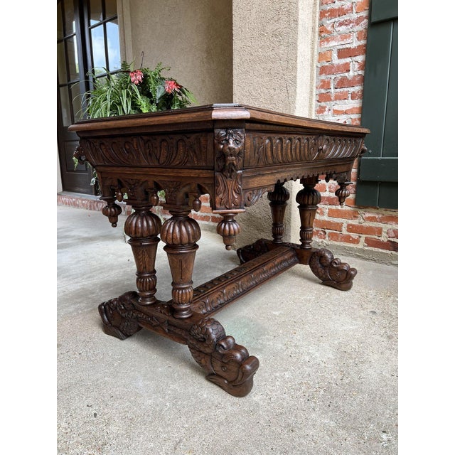Antique French Dolphin Library Table Writing Desk Renaissance Carved Oak Gothic C1880 For Sale - Image 13 of 13
