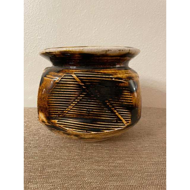 Large Glazed pot, signed Campbell