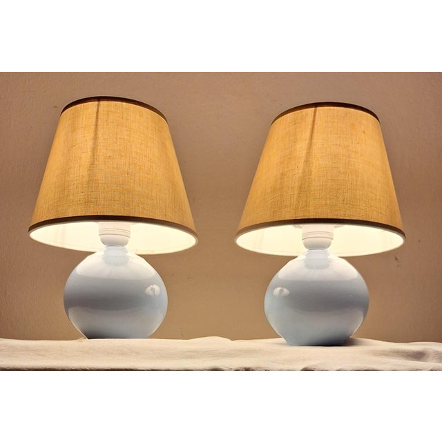 1990s Vintage Bedside Lamps with Blue Ceramic Base and Beige Fabric Shade, 1990s, Set of 2 For Sale - Image 5 of 7