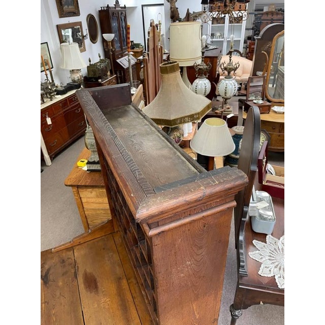 Brown Antique Primative Wooden Postal Mail Sorting Desk Cabinet, 32 Cubbies, Deep Drawer For Sale - Image 8 of 12