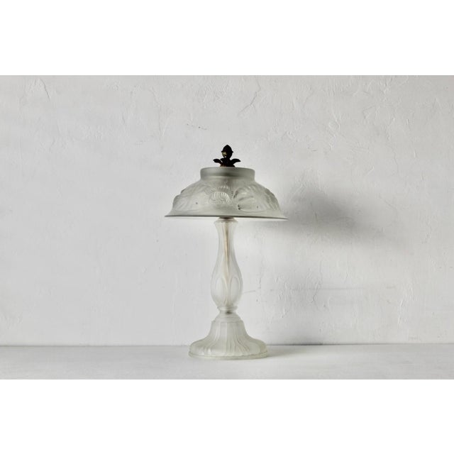 Vintage Lalique Style Art Nouveau Frosted Glass Lamp Floral Relief For Sale - Image 13 of 13