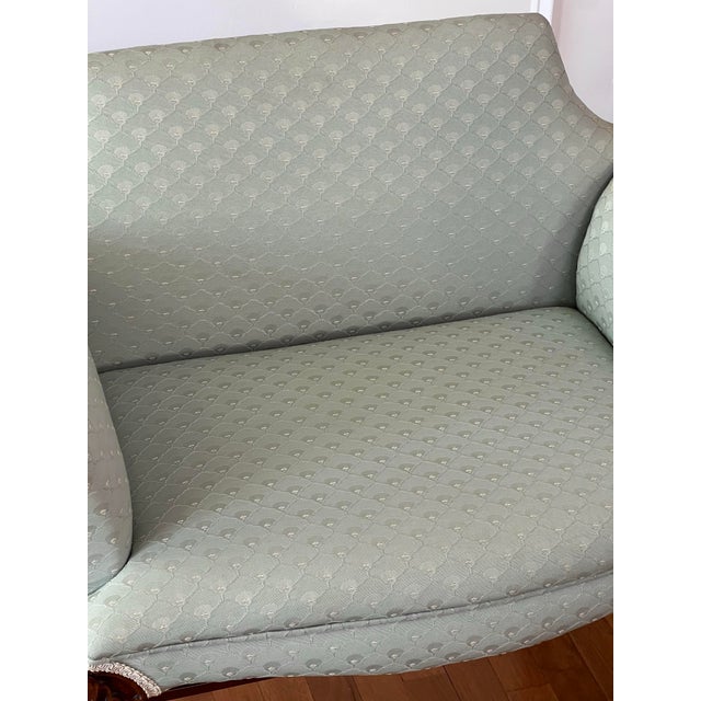 Georgian Carved Mahogany Upholstered Vanity Bench, Celadon Blue, Early 20th Century For Sale - Image 9 of 18