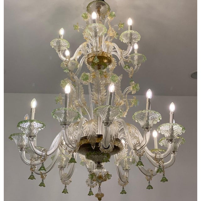Green and Gold Murano Glass Chandelier, 1990s For Sale - Image 11 of 14