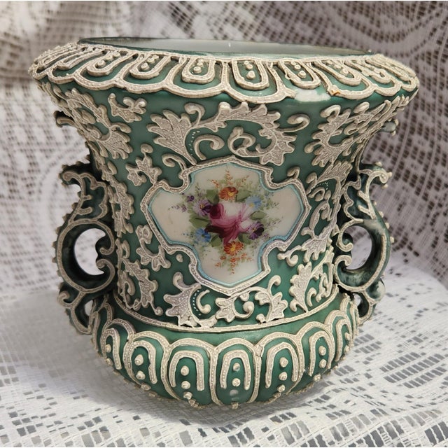 Ceramic Unmarked Nippon Beaded Moriage Style Vase Mint Condition For Sale - Image 7 of 8
