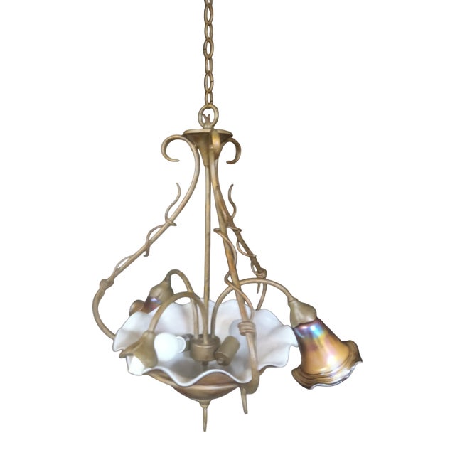 Art Nouveau Iridescent Glass Chandelier With Three Matching Sconces by Quoizel (Signed) For Sale