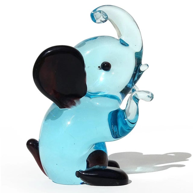 Mid-Century Modern Murano Vintage Blue Black Accents Italian Art Glass Baby Elephant Figurine Sculpture, Attributed to Seguso For Sale - Image 3 of 5
