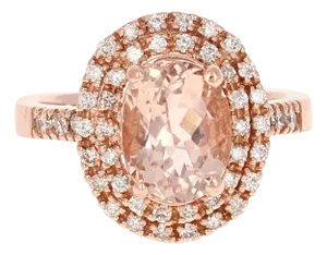 3.28 Carat Morganite Diamond Double Halo 14 Karat Rose Gold Ring, Size 7.5