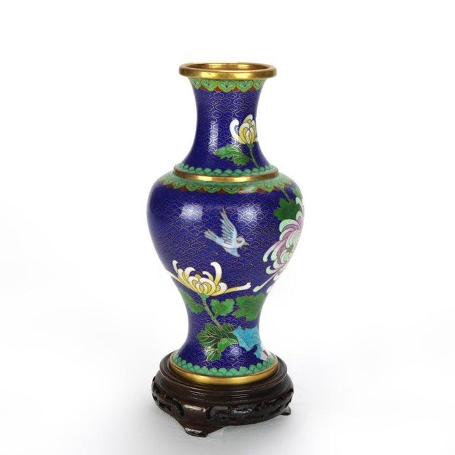 Antique Chinese Cloisonne Enameled Floral Vase With Peony & Wood Base C1930 For Sale - Image 6 of 8