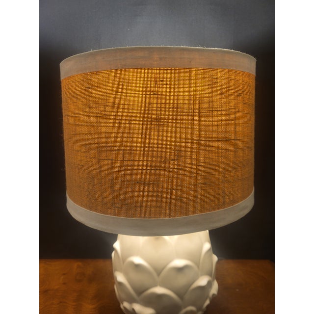 Mid 20th Century Pair of Vintage White Ceramic Pineapple/Artichoke Table Lamps With Burlap Shades For Sale - Image 5 of 6