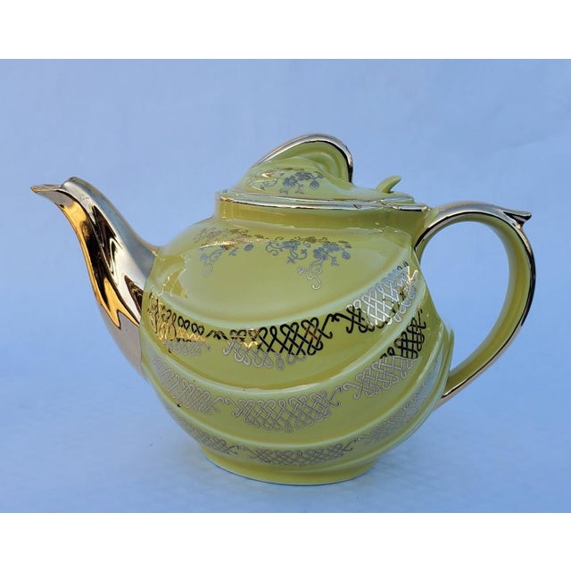 Hall Ceramics 1960s Canary Yellow Teapot With 24k Gold Gilding "Made in u.s.a" by Hall Ceramics For Sale - Image 14 of 17