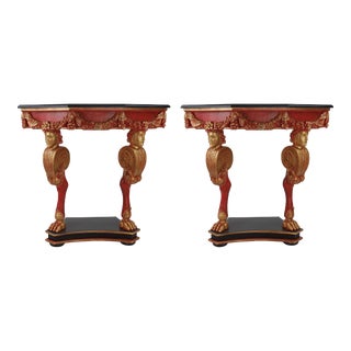 Pair of Vintage Red Rococo Style Side Table/Console Table For Sale