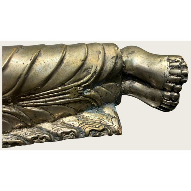 Late 20th Century Vintage Thai Reclining Buddha Hollow Cast Brass Sculpture 22.25" Parinirvana For Sale - Image 5 of 12