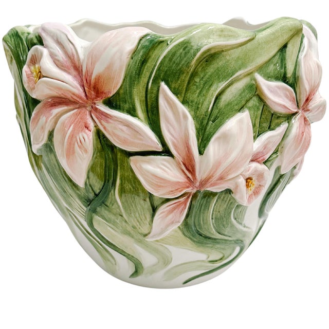 A beautiful vintage Italian planter cachepot made in a palissy majolica style with a three dimensional pink iris all over...
