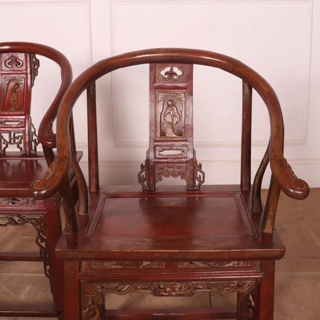 Near pair of 19th century Chinese elm armcharis with original paint finish. 1890 Seat height - 19.5"(49.5cms) This piece...