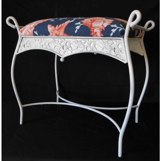 Metal Vintage Mid Century White Iron Blue Coral Upholstered Vanity Stool Bench For Sale - Image 7 of 13
