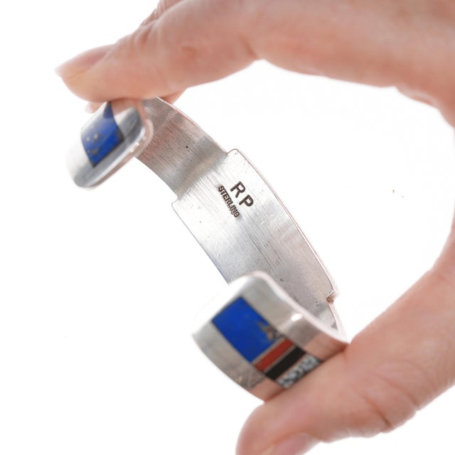 Metal 6.25" Rp Native American Silver Multi-stone Channel Inlay Cuff Bracelet For Sale - Image 7 of 11