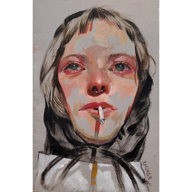 This oil on paper artwork features a close-up portrait of a figure with striking green eyes and a contemplative...
