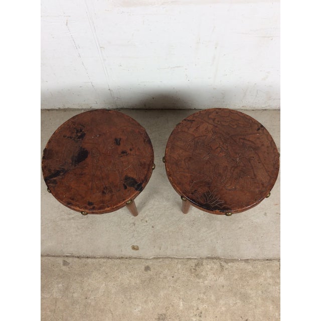 Mid Century Modern Embossed Leather and Teak Coffee Table and Matching Stools For Sale - Image 16 of 18