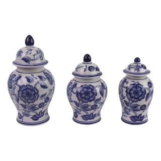Set of 3 Blue & White Flower Food Safe Jars For Sale