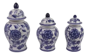 Set of 3 Blue & White Flower Food Safe Jars