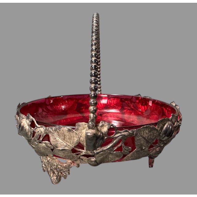 Victorian Antique Victorian Silver Plate Fruit Filigree Basket With Ruby Glass Insert For Sale - Image 3 of 7