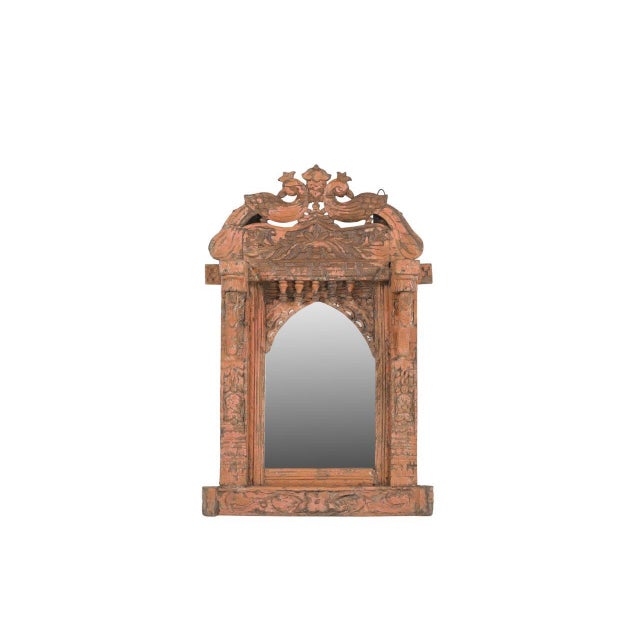 Indian Antique Indian Carved and Painted Teakwood Window – Mirror For Sale - Image 3 of 4