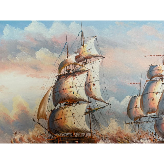 Original Marine Naval Battle Oil Painting Sailing Ships Seascape Framed, Signed For Sale - Image 11 of 12