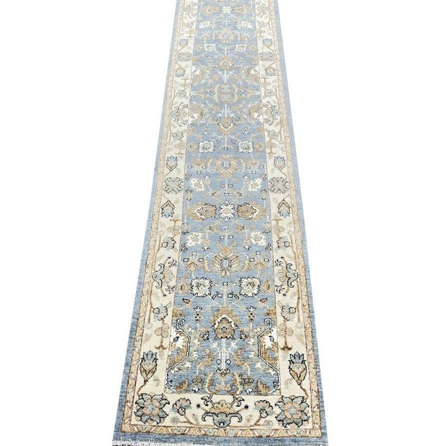 Exact Size: 3'0" x 21'7" Color: Blue Age: New Materials: Wool Construction: Hand Knotted Origin: Pakistan