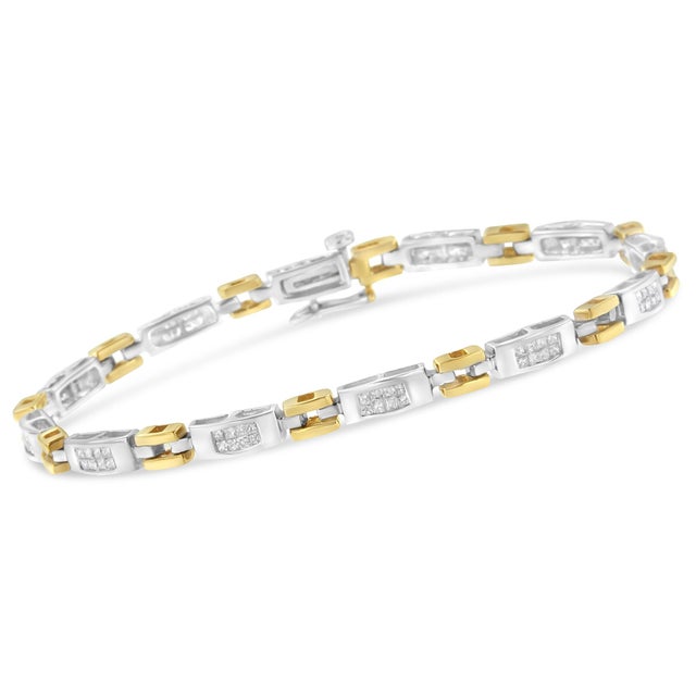 Contemporary 10K Two-Tone Gold Princess Cut Diamond Geo Link Bracelet (1.00 cttw, H-I Color, SI1-SI2 Clarity) For Sale - Image 3 of 7
