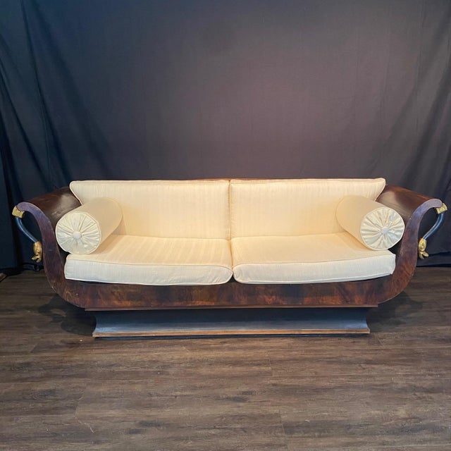 French Empire Walnut Curvy Sofa With Gilded Swans and New Upholstery For Sale - Image 9 of 13
