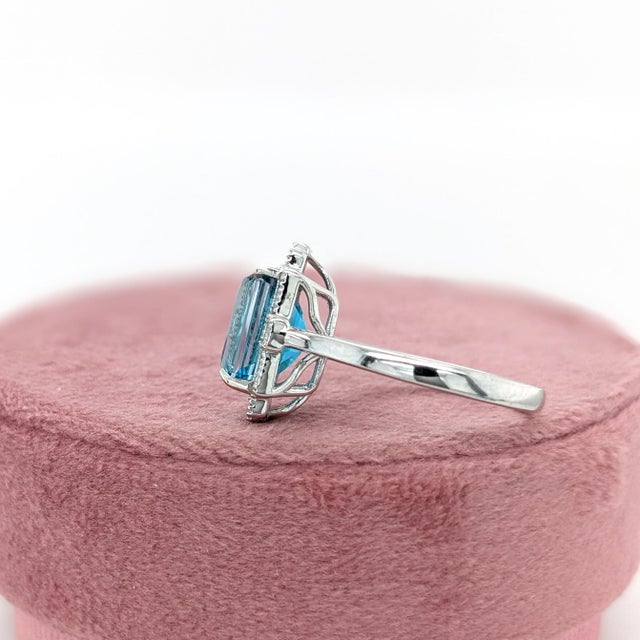 2020s 4.7ct Blue Zircon Ring with Earth Mined Diamonds in Solid 14k White Gold Emerald Cut Size 6.75 For Sale - Image 5 of 8